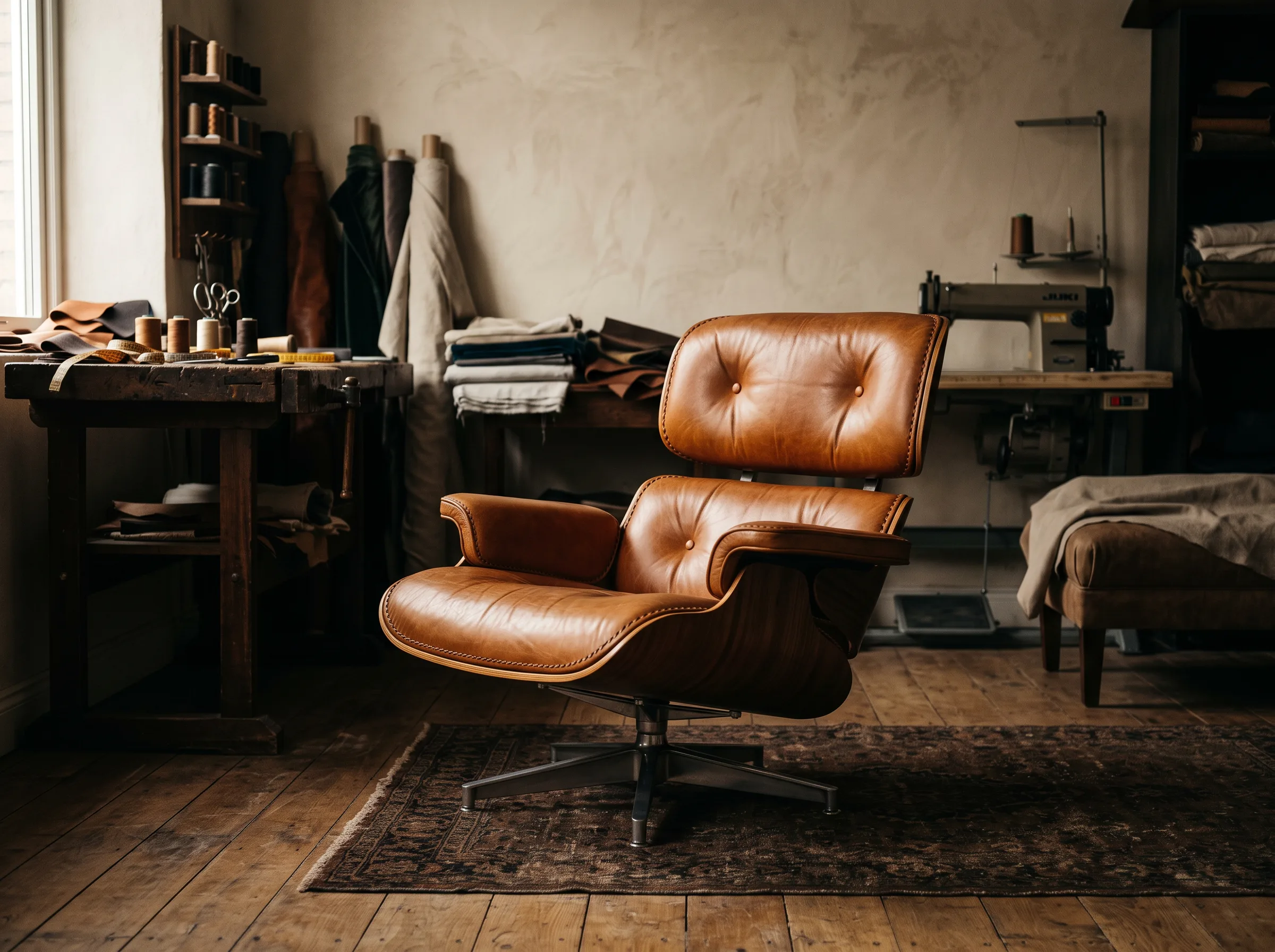 Lederner Lounge-Sessel in der Polsterei